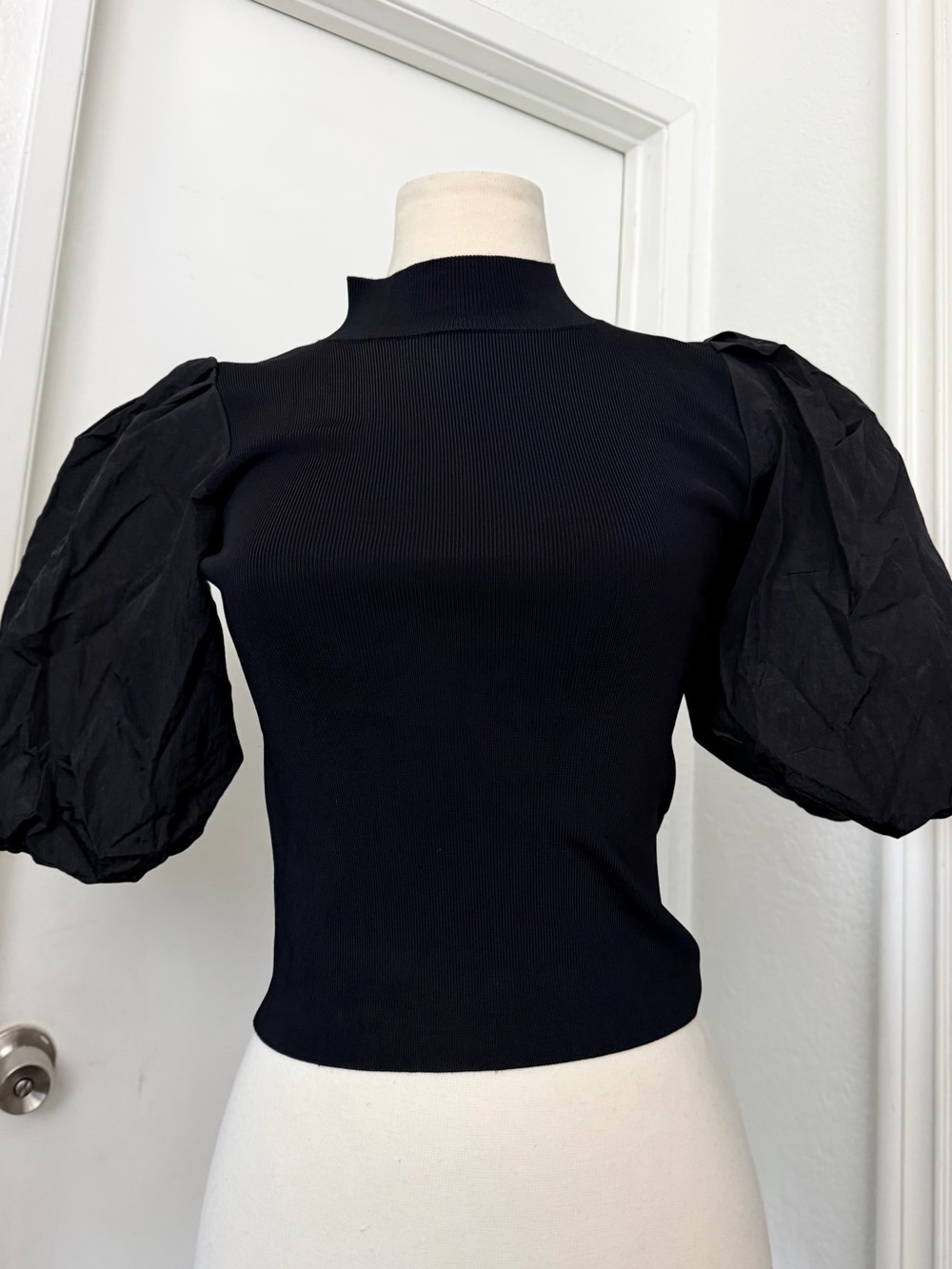 Zara Black Mock Neck Top with Puff Sleeves